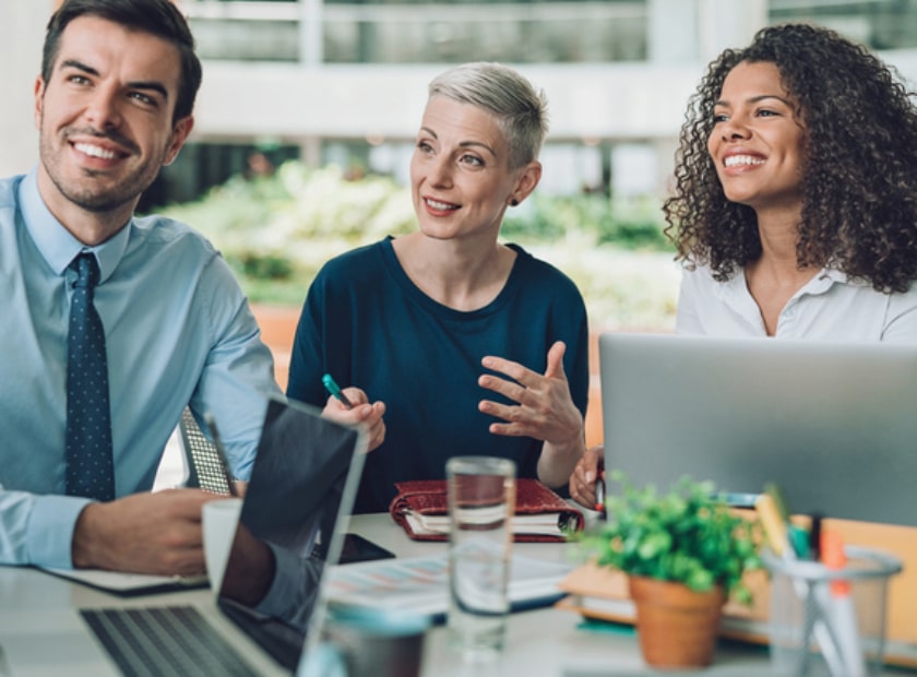 Business professionals talking about ERP