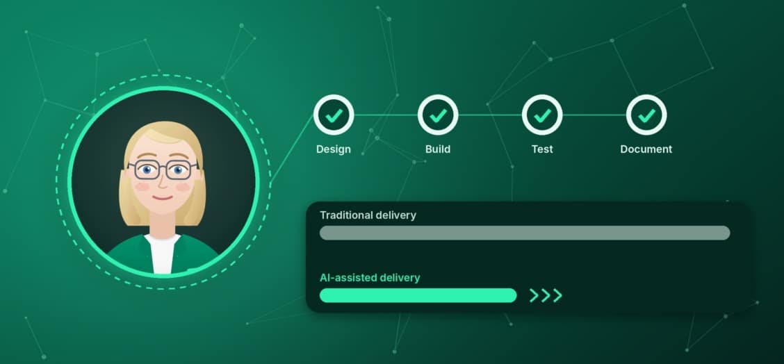 Ada next to design, build, test and document steps, with AI-assisted delivery shown faster than traditional delivery